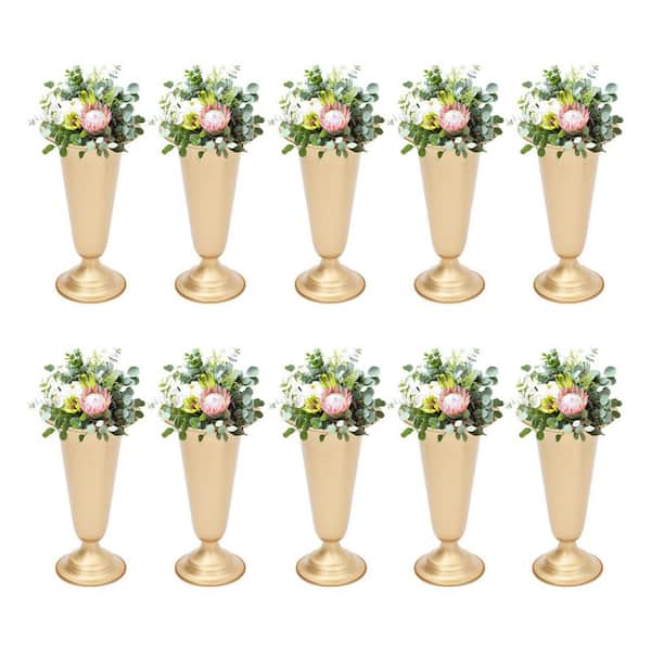 YIYIBYUS 9.8 in. Tall Metal Flower Holder Wedding Decoration Trumpet Vase in Gold (10-Pieces)