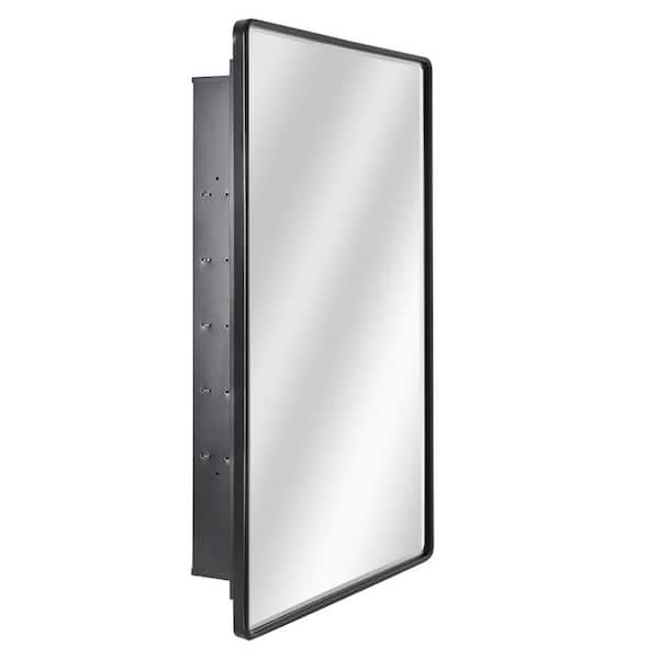 24 in. W x 36 in. H Black Metal Recessed Medicine Cabinet Bevel Mirror, Wall Mount Storage Organizer with Glass Shelves
