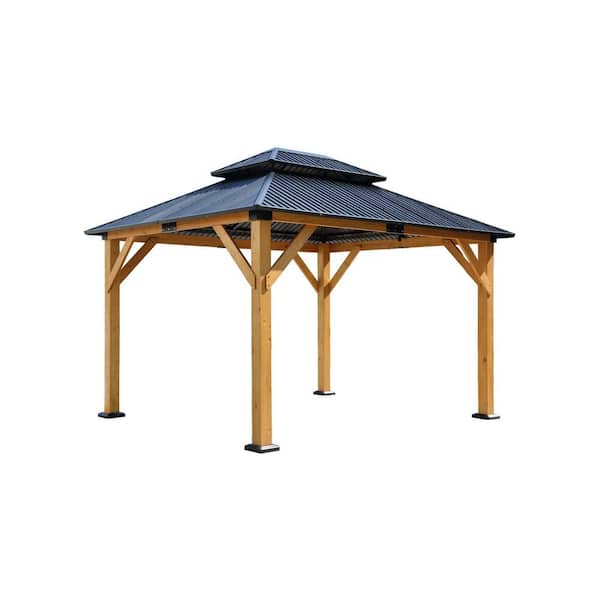Sudzendf 9.7 ft. x 11.8 ft. Light Brown Hardtop Fir Wood Outdoor Permanent Pavilion Gazebo with Steel Double Roof