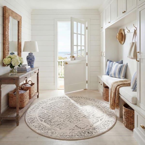Tulum 12 ft. x 12 ft. Round Ivory/Gray Border Geometric Diamonds Area Rug