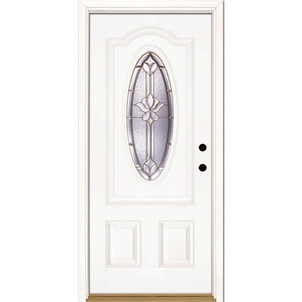 Feather River Doors 37.5 in. x 81.625 in. Medina Brass 3/4 Oval Lite Unfinished Smooth Left-Hand Inswing Fiberglass Prehung Front Door, Smooth White- Ready to Paint -  131101