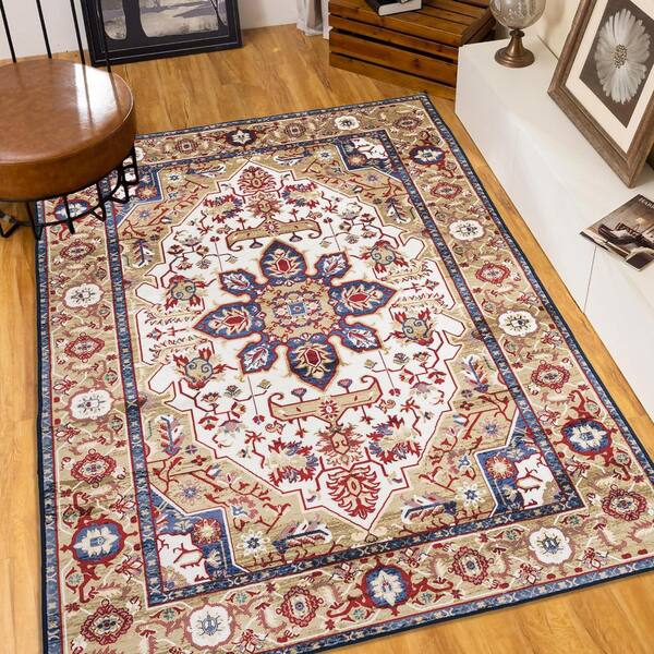 6 ft. x 9 ft. Blue/Gold Vintage Bohemia Large Persian Non-Slip Washable Rug Flower Design