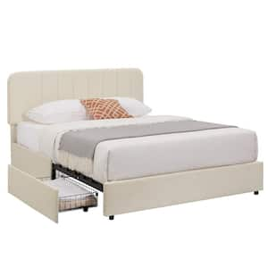 Upholstered Beige Metal Frame Queen Size Platform Bed Frame with 4 Storage Drawers and Headboard Wooden Slats Support