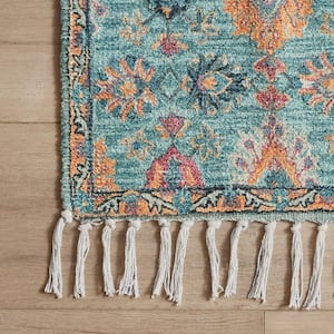 Chinille Fringe Machine Washable Teal 2 ft. x 5 ft. Floral Accent Area Rug