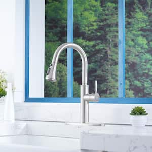 4-Spray Patterns Single Handle Pull Down Sprayer Kitchen Faucet with Deckplate and Water Supply Hoses in Brushed Nickel