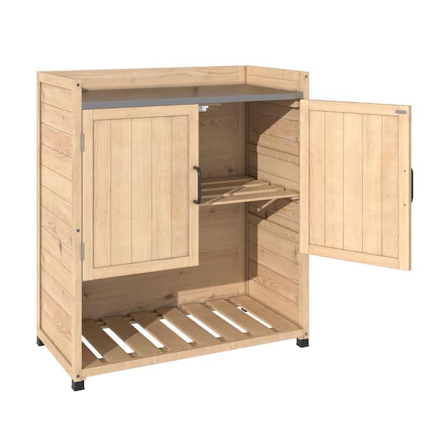 29.5 in. W x 33.9 in. H Natural Wood Potting Bench with Metal Tabletop, Wooden Storage Cabinet with Adjustable Shelf