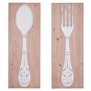 Wood Brown Carved Utensils Wall Decor (Set of 2)