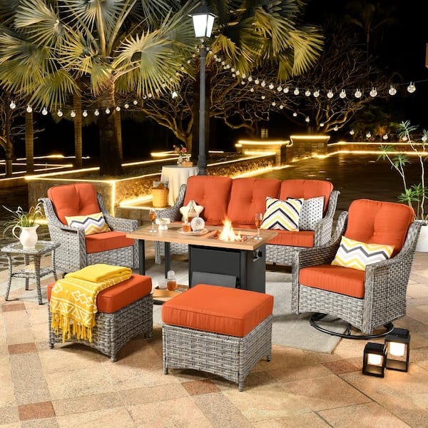 HOOOWOOO Verona Gray 7-Piece Wicker Outdoor Fire Pit Patio Conversation Sofa Set with Swivel Chairs and Orange Red Cushions
