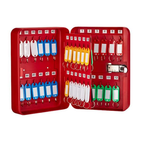 AdirOffice - 48-Key Steel Heavy-Duty Safe Lock Box Key Cabinet with Combination Lock, Red with 148-Key Tags