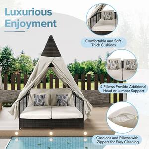 Wicker Outdoor Day Bed Patio Double Chaise Lounge with Adjustable Backrest, Curtain, Beige Cushion and 4 Pillows