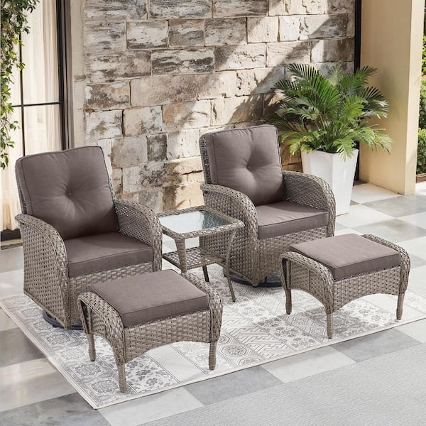 SleekArm 5-Piece Gray Wicker Patio Conversation Set with Olefin Gray Cushions Patio Swivel Chairs and Ottomans