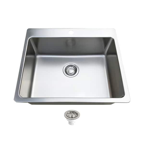18-Gauge Stainless Steel 24 in. Single Bowl Drop-in Kitchen Sink with basket strainer