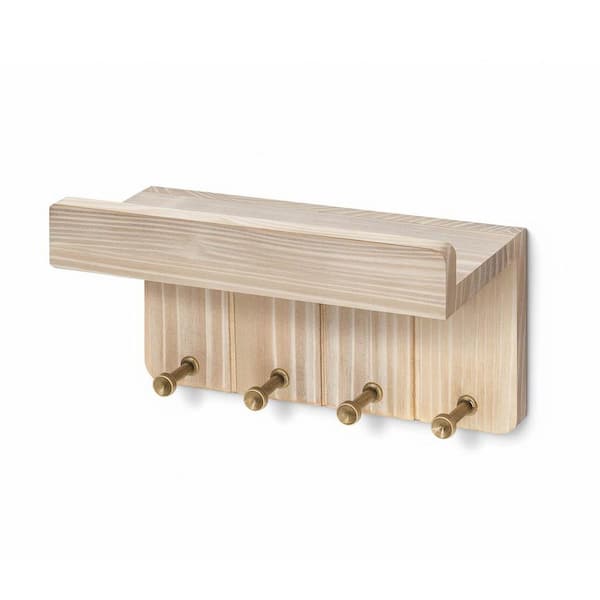 8 in. W x 3.5 in. D Natural Wood Decorative Wall Shelf Small Key Rack for Wall with 4 Key Hooks & Small Shelf