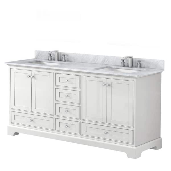 FAMYYT 72 in. W x 22 in. D x 34.65 in. H Double Sink Freestanding Bath Vanity in White with White Marble Top with Backsplash