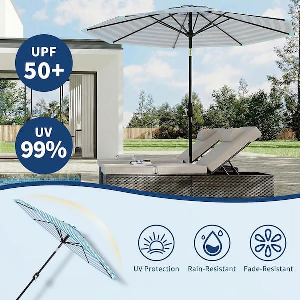 10 foot round wood patio umbrella at aldi Garvee 10 ft. Striped Patio Umbrella, UV Protection Round Market Umbrella  with Crank Lift and Tilt in Light Blue Stripes TYYPPG_34JXBNGQ
