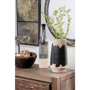 12 in. Black Porcelain Ceramic Decorative Vase with Terracotta Details