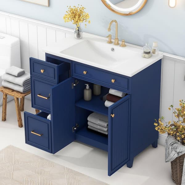 36 in. W x 18 in. D x 34 in. H Single Sink Bath Vanity in Navy Blue with White Resin Top, 2-Drawers, Adjustable Shelf