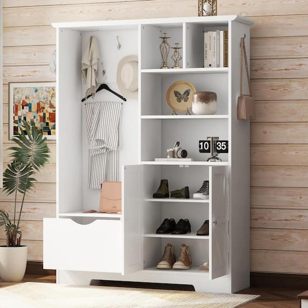 Nestfair White Freestanding Hall Tree with Bench Storage Shelves Drawer Cabinet and 7 Hooks