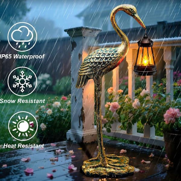 6 in. x 17 in. Bronze Resin Solar Garden Statue Crane Figurine