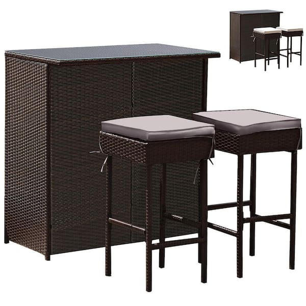 Costway Patio 3PCS Rattan Bar Table Stool Set Cushioned Chairs with Gray and Off white Cover