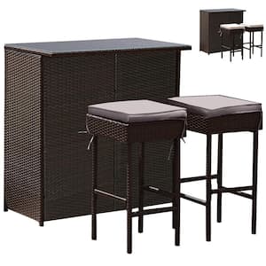 Patio 3PCS Rattan Bar Table Stool Set Cushioned Chairs with Gray and Off white Cover