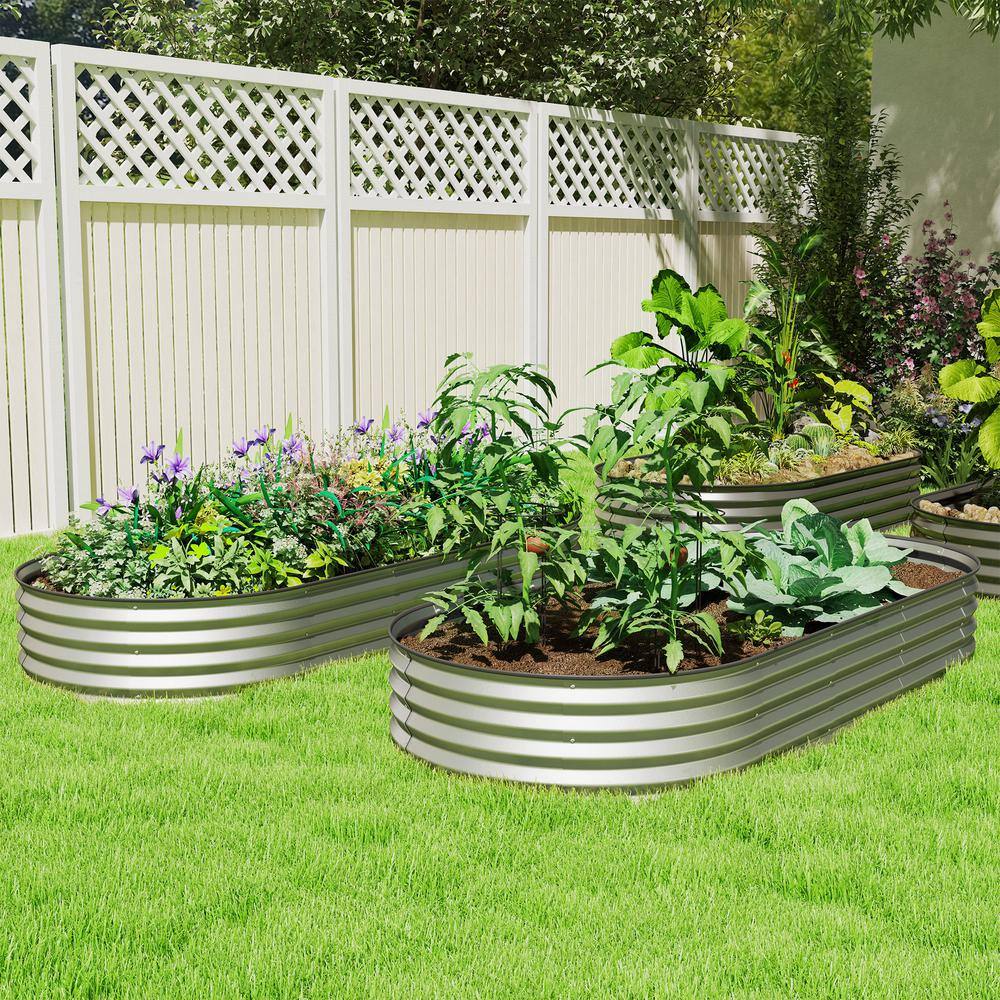 Silver Galvanized Steel Raised Garden Bed Set with Metal Plant Stakes