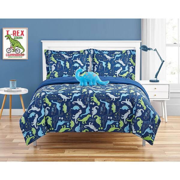 Unbranded Dino Stamp Navy 3-Piece Microfiber Comforter Bedding Set - Twin