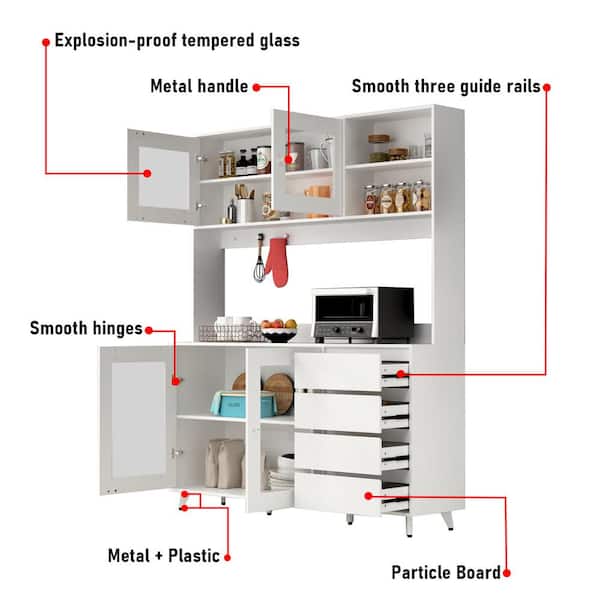 FUFU&GAGA Glass Doors Large Pantry Kitchen Cabinet Buffet with 4-Drawers,  Hooks, Open Shelves 74.8 in. H x 63 in. W x 15.7 in. D KF210128-045-KPL1 -  The Home Depot
