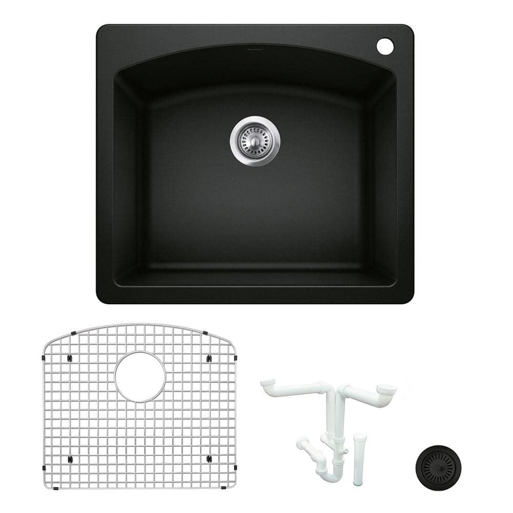 Diamond 25 in. Drop-in/Undermount Single Bowl Coal Black Granite Composite 