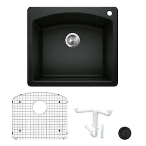 Diamond 25 in. Drop-in/Undermount Single Bowl Coal Black Granite Composite Kitchen Sink Kit with Accessories