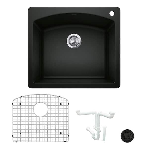 Blanco Diamond 25 in. Drop-in/Undermount Single Bowl Coal Black Granite Composite Kitchen Sink Kit with Accessories