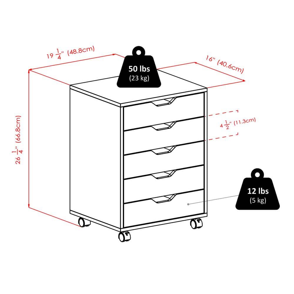 Mobile 5-Drawer Vertical Lockable Cabinet in Sleek White