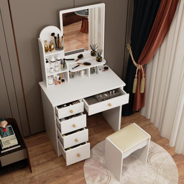 White Modern Dressing Table With Vanity Mirror With Drawer And Shelf Make Up New 