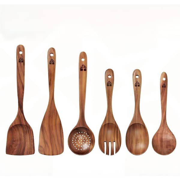 6-Piece Wooden Cooking Spoon Set,Heat-Resistant, Smooth Teak Wood for a Comfortable Grip,Perfect for Non-Stick Cookware