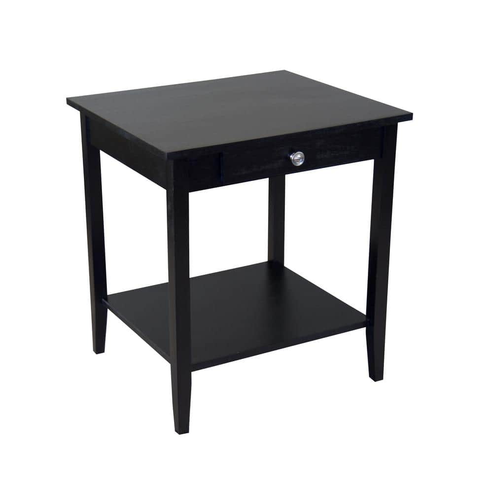 Black Solid Acacia Wood End Table with Drawer and Shelf