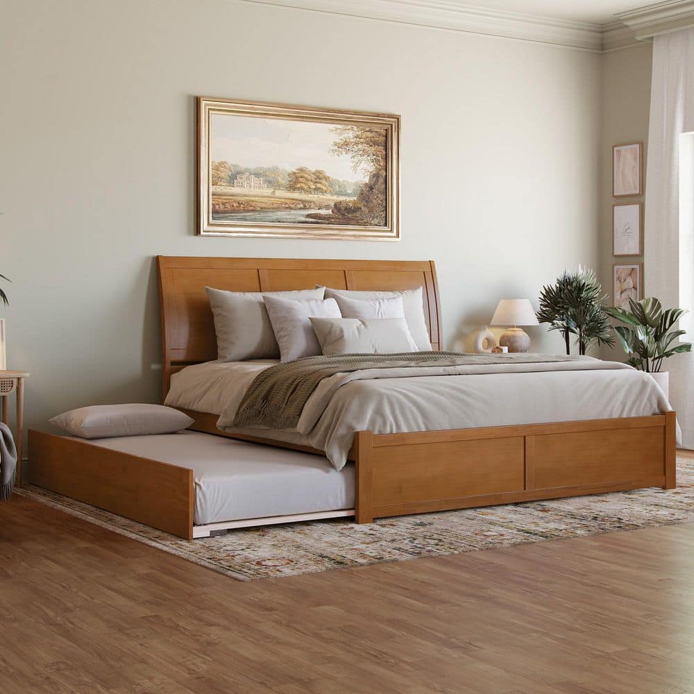Portland Light Toffee Natural Bronze Solid Wood Frame King Platform Bed with Footboard and Twin XL Trundle