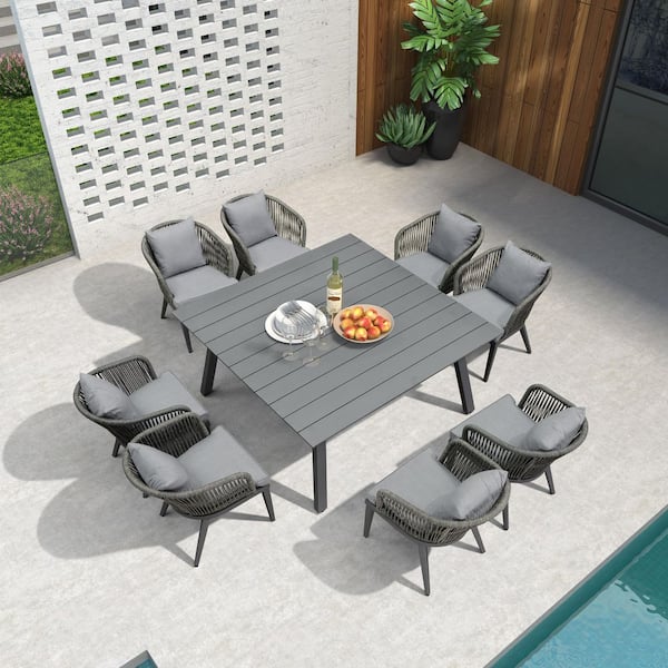 9-Piece All-Weather Wicker Outdoor Dining Set with Square Table All Aluminum and Grey Cushions for Garden Backyard Deck