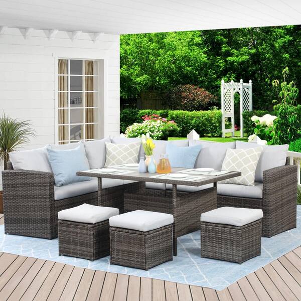 Unbranded 7 -Piece Brown Wicker Outdoor Modular Sectional Sofas Furniture Set Side Table Luxury Couches with Gray Cushions