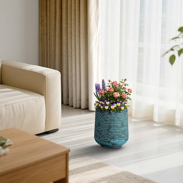 12 in. Medium Turquoise Patterns Concrete Tall Round Planter / Pot with Drainage Holes, Upgraded Interior