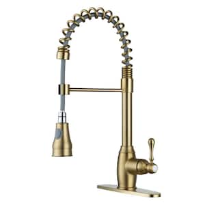 Single Handle Spring Pull-Down Sprayer Kitchen Faucet with Dual-Function Sprayer head, Stainless Steel in Brushed Gold