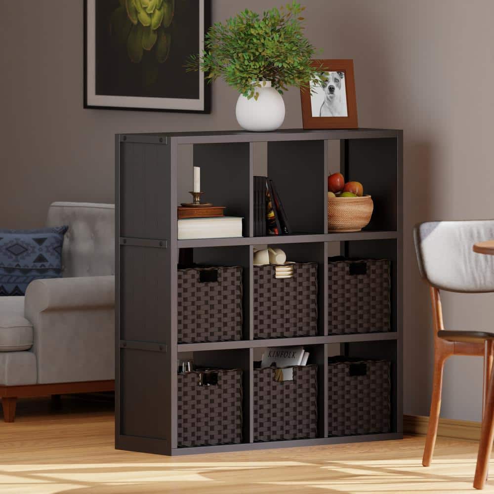 Modernistic Black 3x3 Storage Shelf with Foldable Chocolate Baskets