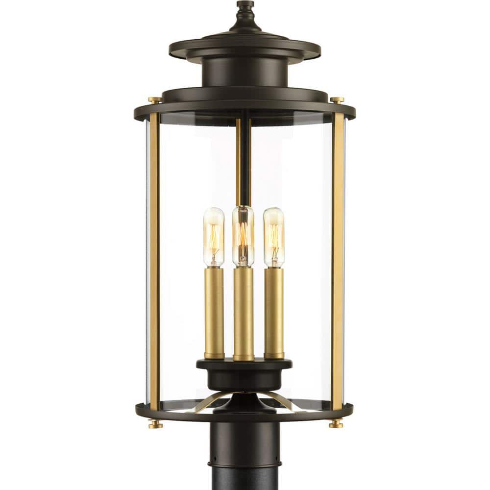 Antique Bronze 3-Light Outdoor Post Lantern with Clear Glass Shade