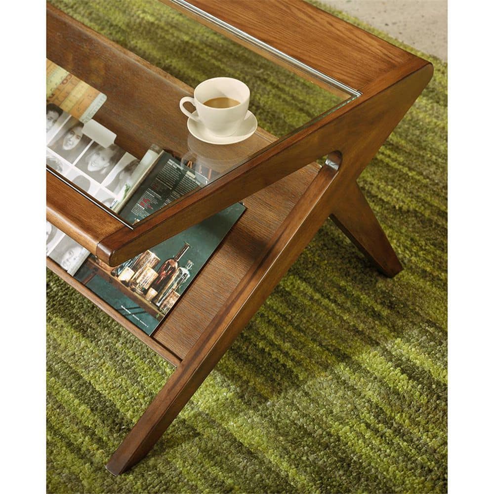 Retro Walnut Rubberwood Coffee Table with Glass Top