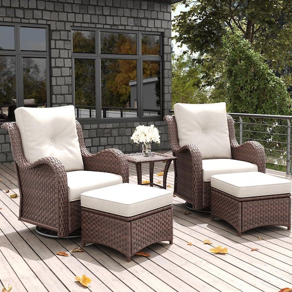 5-Piece Wicker Outdoor Patio Conversation Seating Set with Swivel Rocking Chair and Beige Cushions