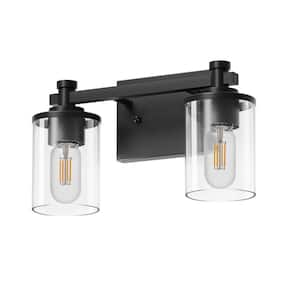 14 in. 2-Light Modern Black Bathroom Vanity Light Fixture with Clear Glass Shades for Bathroom, Bedroom, and Hallway