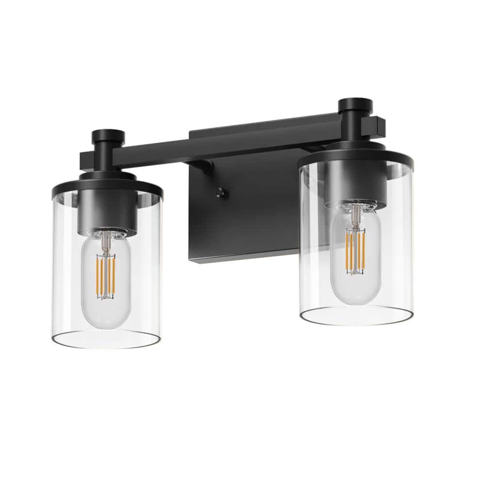 YANSUN 14 in. 2-Light Black Bathroom Vanity Light with Clear Glass Shades for Bathroom, Bedroom ...
