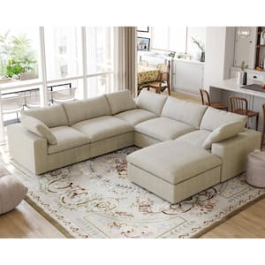 120.46 in. Square Arm 6-Piece Fabric Seperable L-Shape Sectional Sofa with Ottoman in Khaki