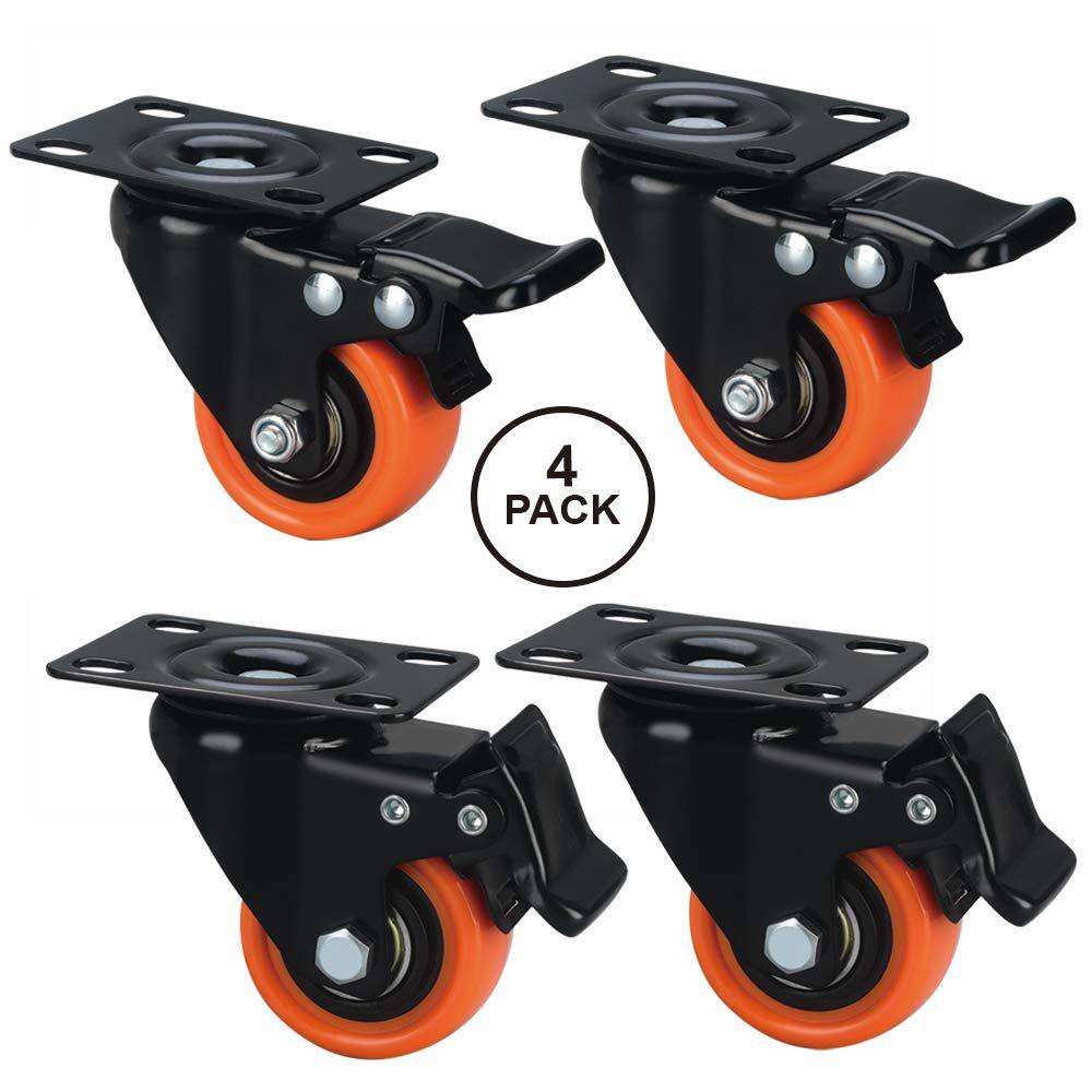 2" Orange Polyurethane Heavy Duty Caster Wheels with Brake, Set of 4