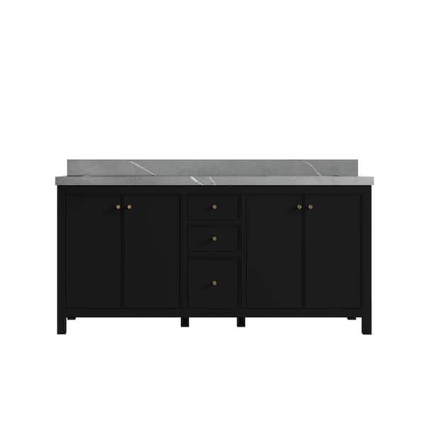 Willow Collections Chicago 72 in. W x 22 in. D x 36 in. H Double Sink Bath Vanity Black 2 in. Piatra Gray Qt. Top