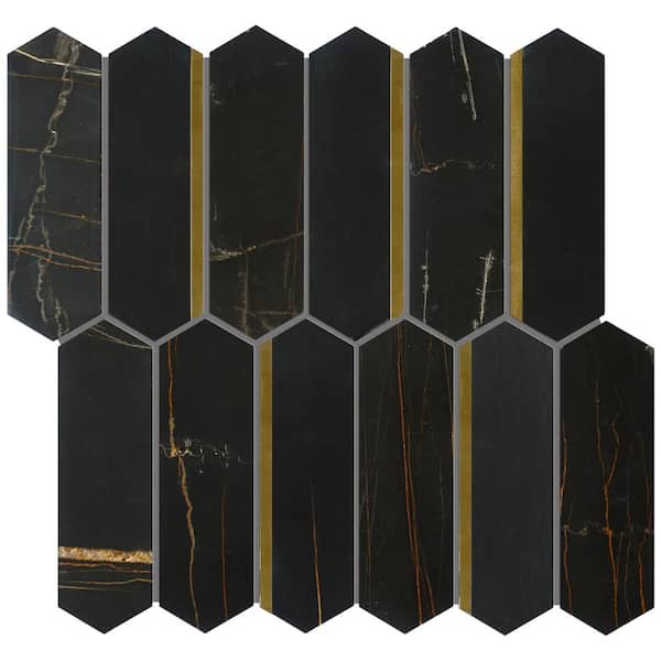 MOLOVO Natural Dorato Black Gold 11.23 in. x 11.62 in. Picket Polished Marble Mosaic Tile Sample